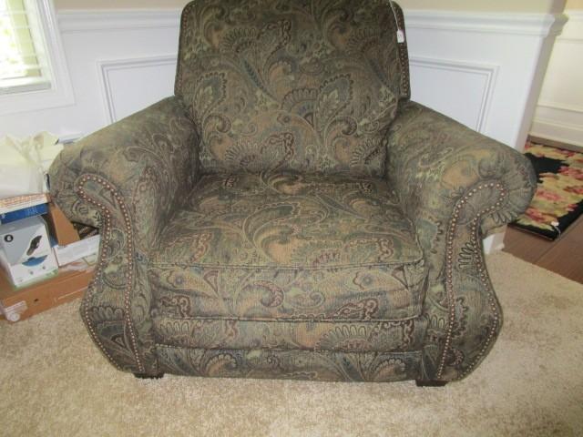 Green Paisley Patterned Arm Chair w/ Brass Pinned Back/Arms, Wood Black Feet