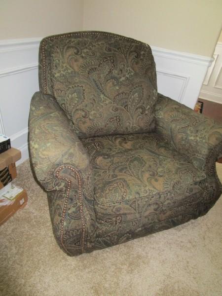 Green Paisley Patterned Arm Chair w/ Brass Pinned Back/Arms, Wood Black Feet