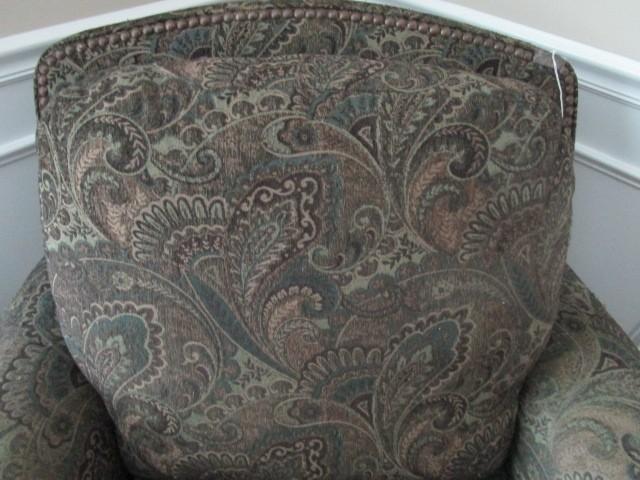 Green Paisley Patterned Arm Chair w/ Brass Pinned Back/Arms, Wood Black Feet