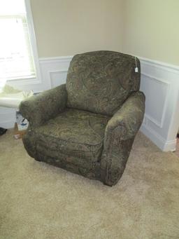 Green Paisley Patterned Arm Chair w/ Brass Pinned Back/Arms, Wood Black Feet