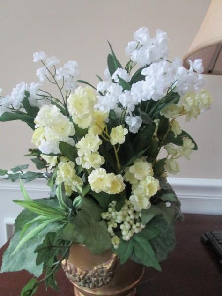 Ceramic Planter Gilted w/ Floral Trim Pattern w/ Faux Plant