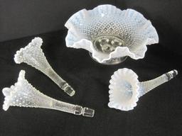 Fenton Diamond Lace Pattern French Opalescent 4 Piece Epergne 3 Lily Horn