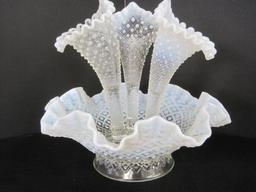 Fenton Diamond Lace Pattern French Opalescent 4 Piece Epergne 3 Lily Horn