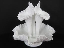 Fenton Diamond Lace Pattern Milk Glass 4 Piece Epergne 3 Lily Horn