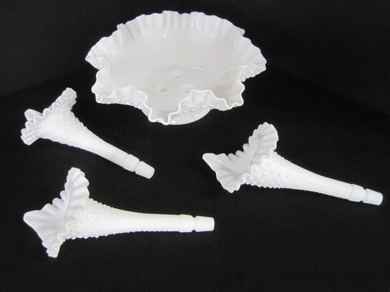 Fenton Diamond Lace Pattern Milk Glass 4 Piece Epergne 3 Lily Horn