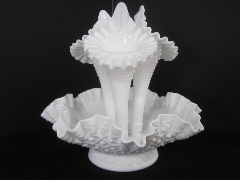 Fenton Diamond Lace Pattern Milk Glass 4 Piece Epergne 3 Lily Horn