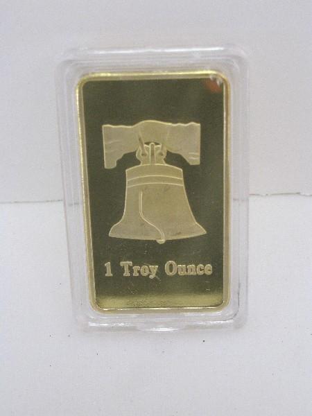 Liberty Bell Relief Sculptured 1 Troy Ounce .999 Fine Silver Gold Clad Ingot Bar