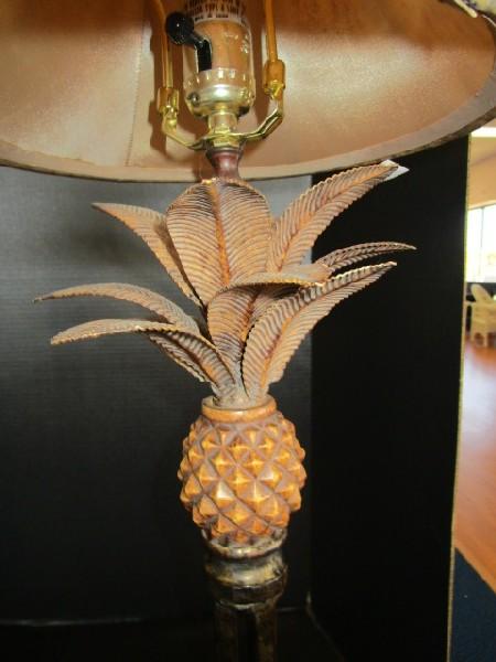 Pair - Pineapple Topped, 3 Arm Body, Curled Base Metal Lamps w/ Shades