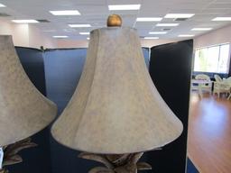 Pair - Pineapple Topped, 3 Arm Body, Curled Base Metal Lamps w/ Shades