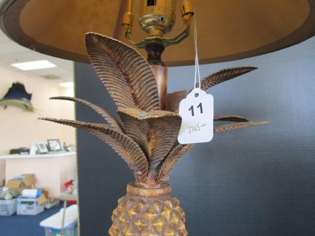 Pair - Pineapple Topped, 3 Arm Body, Curled Base Metal Lamps w/ Shades