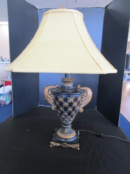 Antique Patina Pair Lamps Urn Design Scalloped Handles Lattice Body on Ornate Base
