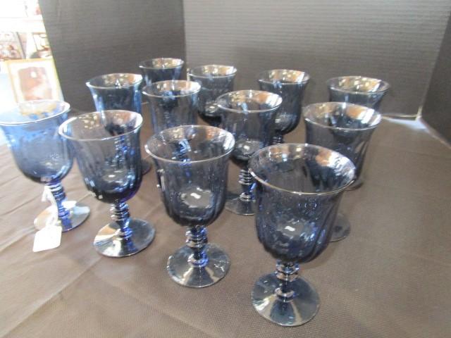 Blue Glass Swirl Motif Wine Goblets Spindle Base, Gorham on Base