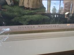 Large Wall Mounted Wall Mirror w/ Wood Frame, "Juvenile Navigators" Print Top