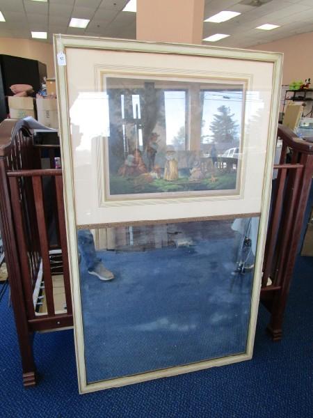 Large Wall Mounted Wall Mirror w/ Wood Frame, "Juvenile Navigators" Print Top