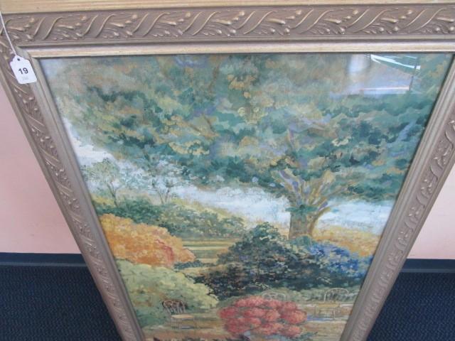 Oil on Canvas Style Print Garden Scene in Oak Leaf Style Wood Frame/Matt
