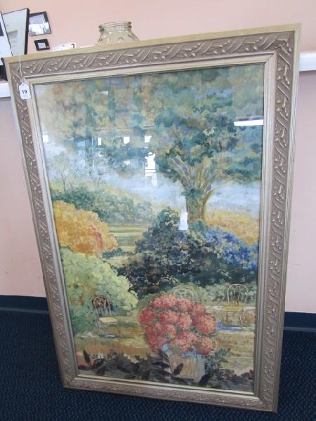 Oil on Canvas Style Print Garden Scene in Oak Leaf Style Wood Frame/Matt