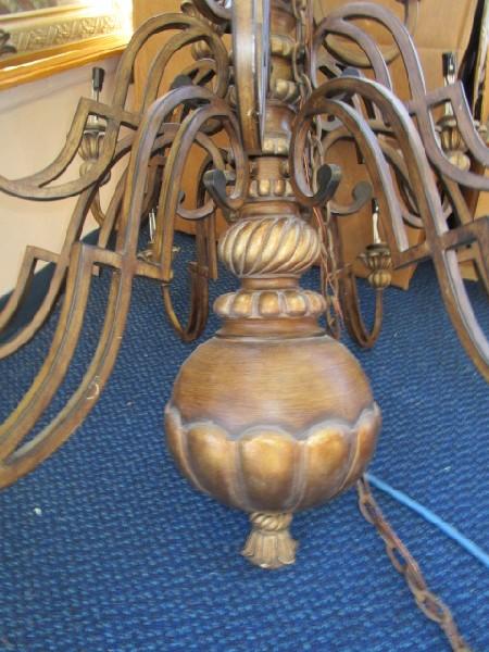 Metal Antiqued Patina 15 Armed Hanging Chandelier Spindle/Twist Body Design