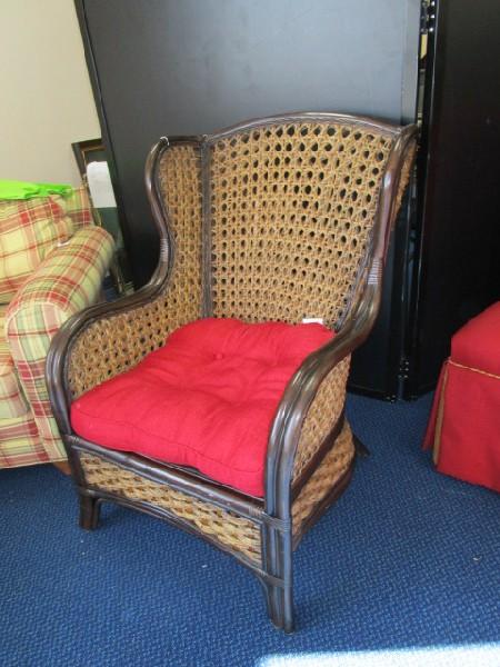 Dark Wood/Wicker Back Arm Chair w/ Red Upholstered Seat Curved Motif