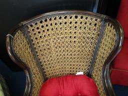 Dark Wood/Wicker Back Arm Chair w/ Red Upholstered Seat Curved Motif