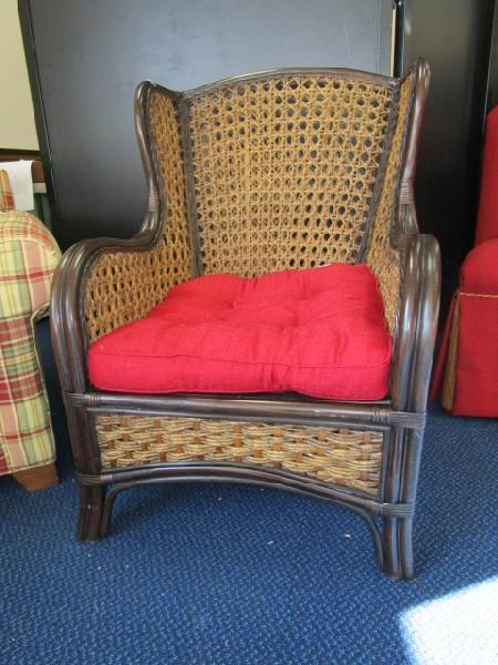 Dark Wood/Wicker Back Arm Chair w/ Red Upholstered Seat Curved Motif