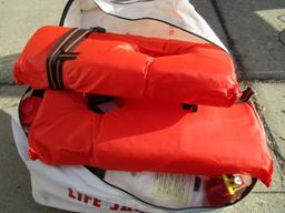 Lot - Contents of Bag, 4 Life Jackets, Drink Cozies, Etc.