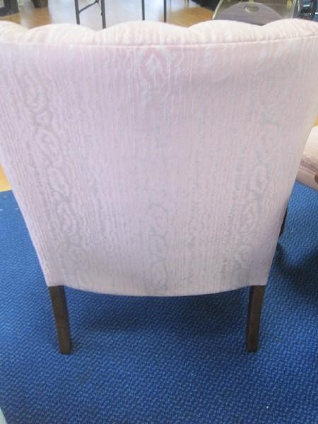 Queen Anne Style Curved Channel Back Arm Chair Mahogany Trim & Mauve Upholstery