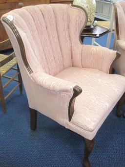 Queen Anne Style Curved Channel Back Arm Chair Mahogany Trim & Mauve Upholstery