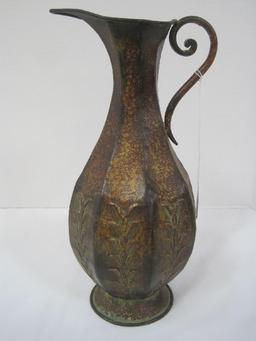 Tin Décor Ewer Pitcher Embossed Foliage Design Antiqued Patina w/ Scroll Handle