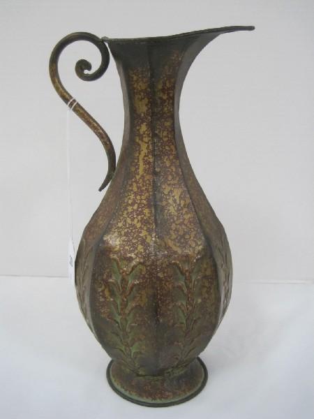 Tin Décor Ewer Pitcher Embossed Foliage Design Antiqued Patina w/ Scroll Handle