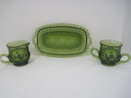 Indiana Olive Green Depression Glass King's Crown Thumbprint Creamer, Open Sugar Bowl