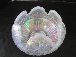 Fenton Art Glass White Iridescent Bowl Leaf/Feather Fan Motif