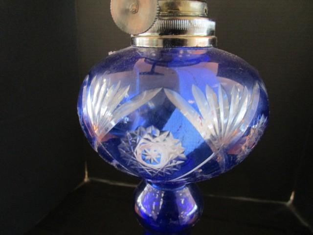 Bohemian Blue Cut-Glass Spindle Design Lamp, Star/Cross Design Pattern w/ Glass Top Hurricane Shade