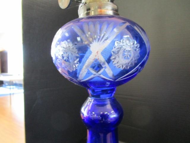 Bohemian Blue Cut-Glass Spindle Design Lamp, Star/Cross Design Pattern w/ Glass Top Hurricane Shade