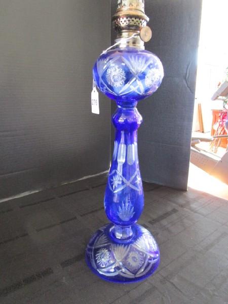 Bohemian Blue Cut-Glass Spindle Design Lamp, Star/Cross Design Pattern w/ Glass Top Hurricane Shade
