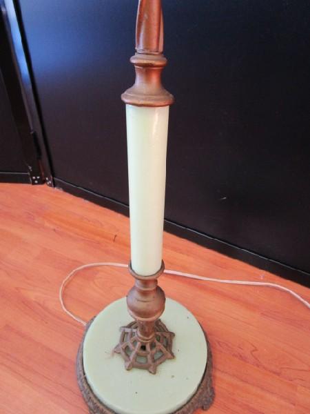 Brass Spindle Body Bridge Lamp Ornate Top w/ Amber Floral Cut Shade