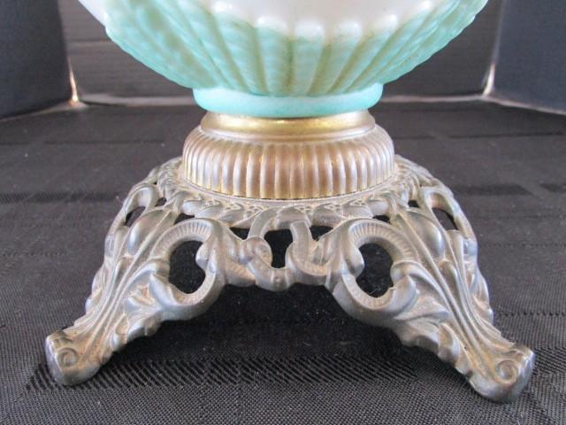 Vintage Aladdin Oil Lamp Rose White/Blue Scallop Motif, Ornate Base