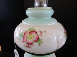 Vintage Aladdin Oil Lamp Rose White/Blue Scallop Motif, Ornate Base