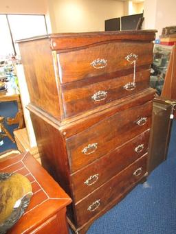 Vintage Wooden Chest 2-Over-3 Batwing Brass Pulls, Arched Drawer Design w/ Arched Skirt