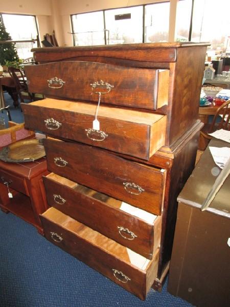 Vintage Wooden Chest 2-Over-3 Batwing Brass Pulls, Arched Drawer Design w/ Arched Skirt