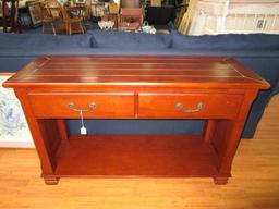 Wooden Entry Table 2-Tier w/ Spindle Bracket Feet, Grooved Top Design, 2 Drawers