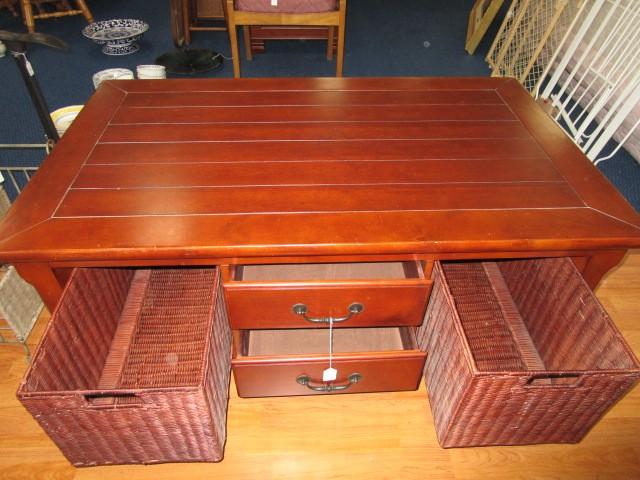Wooden Coffee Table Panel Top Design Grooved, 4 Drawers, 4 Pigeon Holes