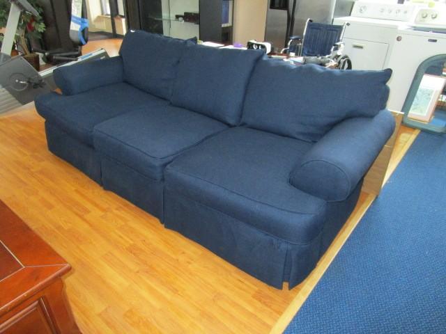 Sofa Express Dark Navy Blue 3-Seat Sofa w/ Skirt on Wood Block Feet