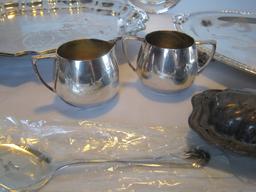 Lot - Silverplate Gorham Paul Revere Style Bowl, Pasta Serving Spoon, Footed Meat Tray