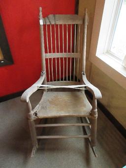 Antique Primitive Spindle High Rocker w/ Tanning Hide Seat