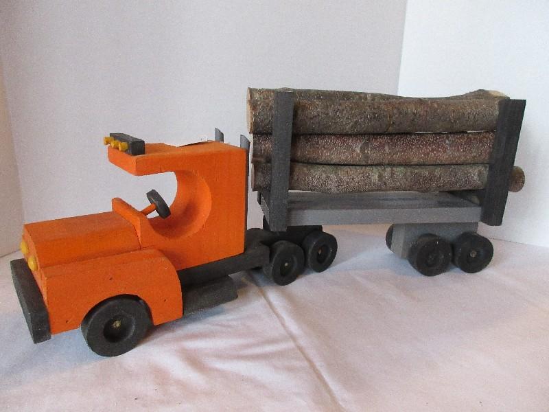 Hand Crafted Logging Truck & Trailer w/ Logs Made by Local Craftsman Toy Maker