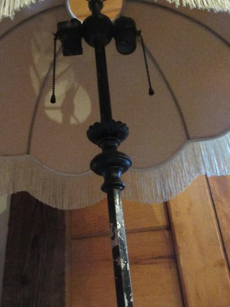 Antique Cast Iron Parlor Floor Lamp w/ Scalloped Fringe Panel Shade Black Finish