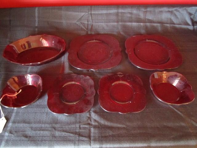 Ruby Glass Lot - 2 Bowls 5", Bread/Butter Plater 6" sq. ,2  Plates 8 1/2", Oval Bowl 9 1/2"