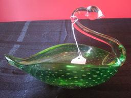 Swan Design Glass Dish Green Base/Bubble Motif