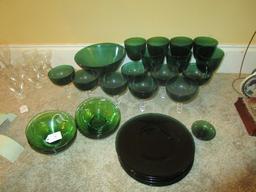 Green Glass Lot - 6 Plates, 2 Blows, 1 Serving Bowl 8" D, 7 Water Goblets, 8 Sundae Dishes