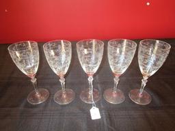 5 Lead Crystal Wine Glasses Etched Floral/Leaf Pattern